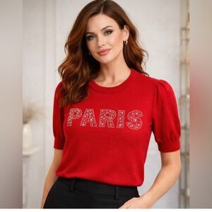 D3. Red Paris Embellished Women's Top